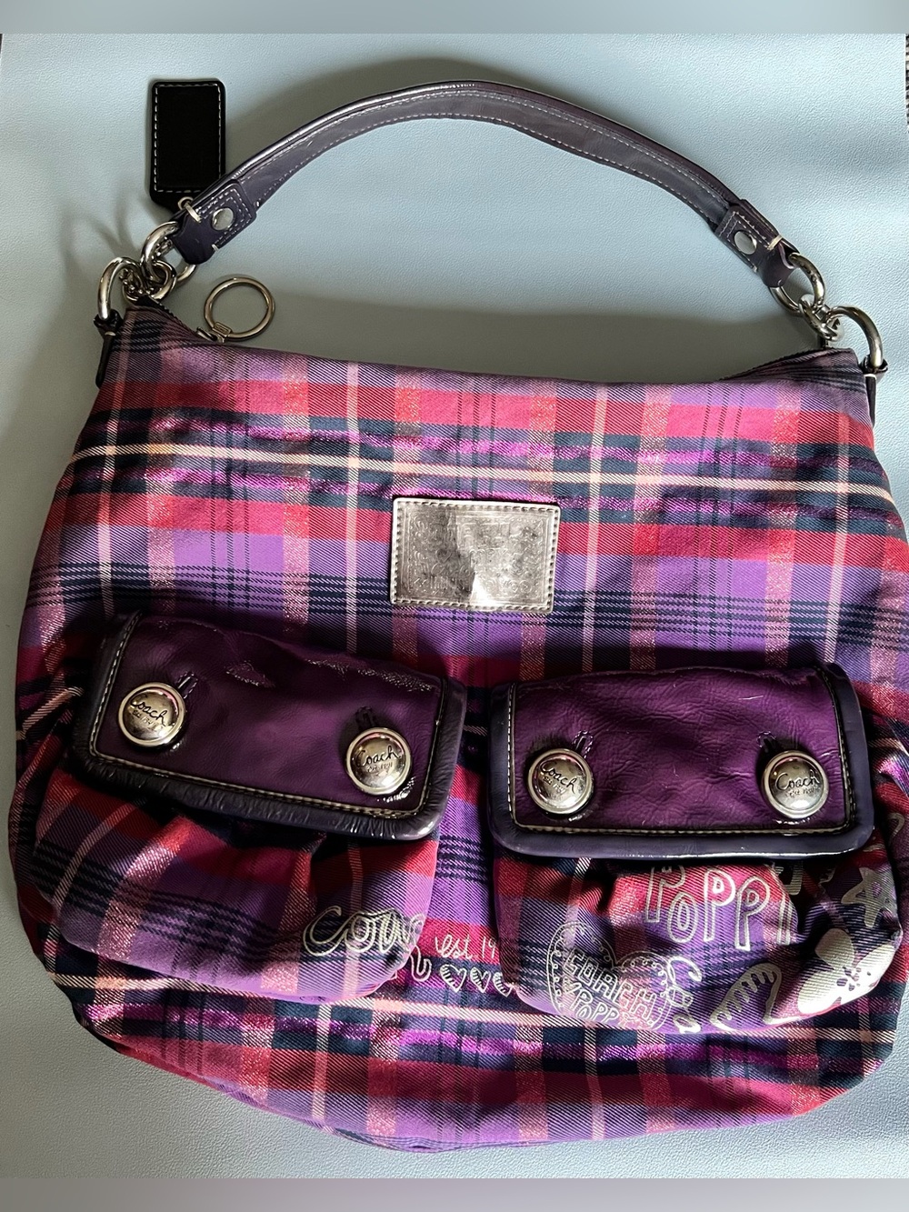 Coach Poppy Purple Pink Black Metallic Tartan Plaid Shoulder Crossbody Hobo Bag